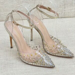 LILIANA Clear Studded Stiletto Heels Gold Ankle Strap Pointed‎ Toe Pumps size 7